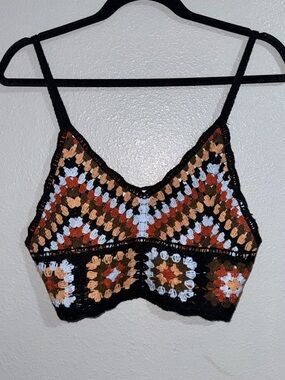 Timing Crochet Bralette - Black with Rust, Tan & Light Blue